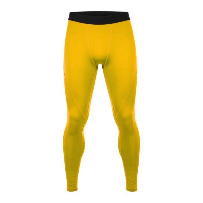 Men’s bright yellow rugby compression leggings with a black waistband, shown from the front on a plain white background.
