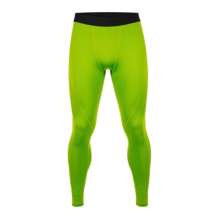 Men’s bright green rugby compression leggings with a black waistband, shown from the front on a plain white background.