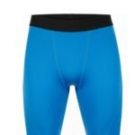Men’s blue rugby compression leggings with a black waistband, shown from the front view on a plain white background.