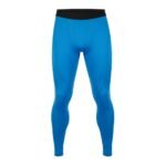 Men’s bright blue compression rugby leggings with black waistband, front view on white background
