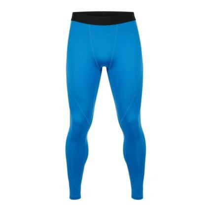 Men’s bright blue compression rugby leggings with black waistband, front view on white background