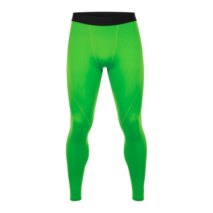 Men’s bright green rugby compression leggings with a black waistband, shown from the front on a plain white background.