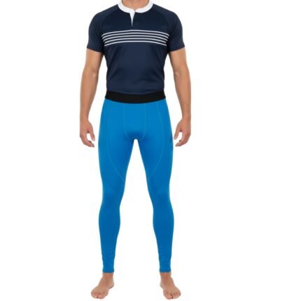 Men’s bright blue rugby compression leggings with a black waistband, shown from the front on a plain white background.