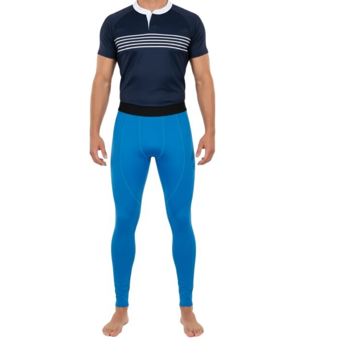 Men’s bright blue rugby compression leggings with a black waistband, shown from the front on a plain white background.