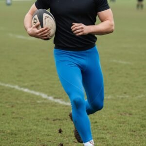 Men’s rugby leggings in bright blue with white cleat details shown on the field