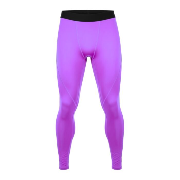 Men’s bright purple rugby compression leggings with a black waistband, shown from the front on a plain white background.