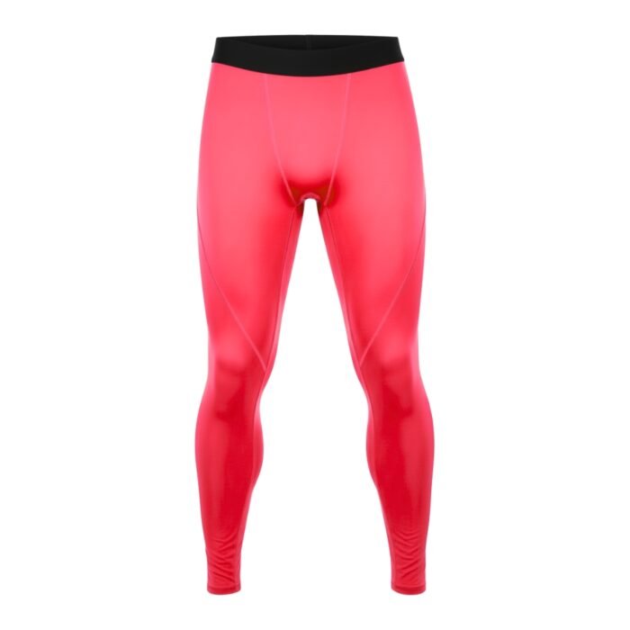 Men’s bright pink rugby compression leggings with a black waistband, shown from the front on a plain white background.