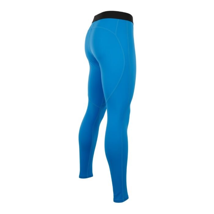 The image shows a studio cutout of men’s rugby leggings worn on a mannequin form, viewed from the back. The leggings are a solid medium-to-dark blue with a black waistband at the top and a white center seam area. The fabric appears smooth and stretchy, with subtle contouring lines along the thighs and hips, and the legs extend down to just above the ankle area against a plain white background.