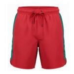 Red rugby training shorts with 2.5 cm teal vertical side stripes, elastic waistband with black aglet-tipped drawstring, flatlock-seamed hem, and straight leg cut.