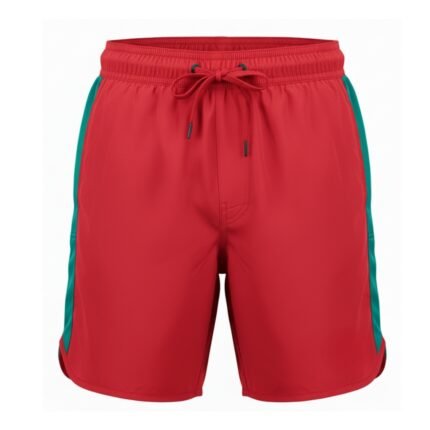 Red rugby training shorts with 2.5 cm teal vertical side stripes, elastic waistband with black aglet-tipped drawstring, flatlock-seamed hem, and straight leg cut.