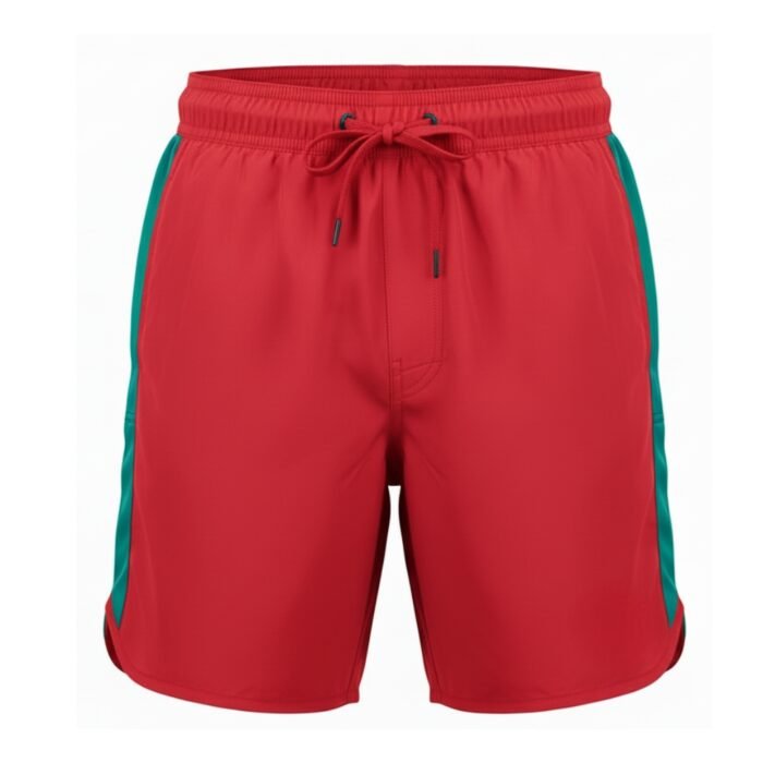 Red rugby training shorts with 2.5 cm teal vertical side stripes, elastic waistband with black aglet-tipped drawstring, flatlock-seamed hem, and straight leg cut.