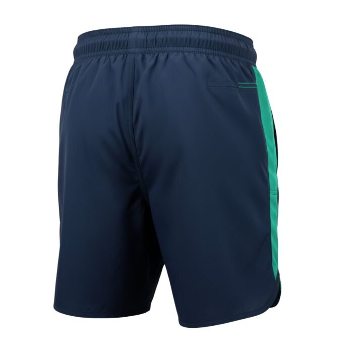 Rear view of navy athletic shorts with a dark teal vertical stripe on the right leg, elastic waistband, and small back pocket.