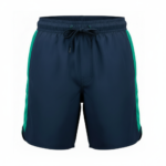 A pair of navy blue men's swim trunks on a white background, featuring a thick elastic waistband with a white drawstring, above-the-knee length, and a bright green vertical stripe running down the outer seam of each leg.