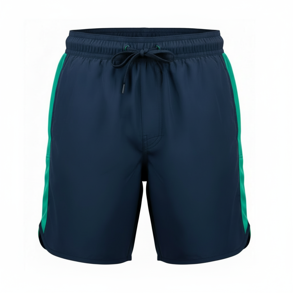 rugby training shorts- full front view A pair of navy blue men's swim trunks on a white background, featuring a thick elastic waistband with a white drawstring, above-the-knee length, and a bright green vertical stripe running down the outer seam of each leg.