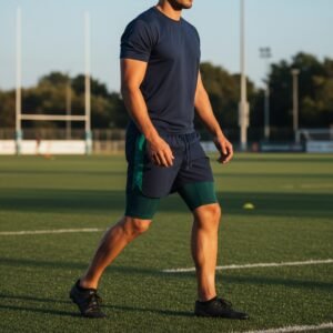 A rugby player in navy athletic wear walking on a grass field, wearing navy shorts with a green side stripe and compression shorts, with goalposts and trees visible in the background.