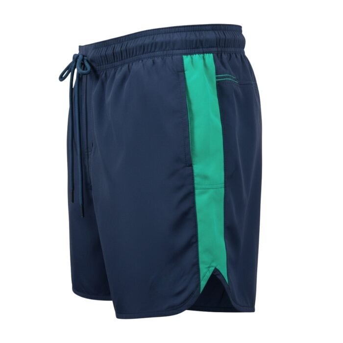 Navy rugby training shorts with green side stripe, drawstring waist, welt-style back pocket, and 3 cm side slits.