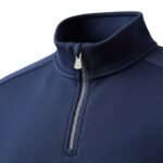 Navy quarter-zip pullover with stand collar and full zipper closure.