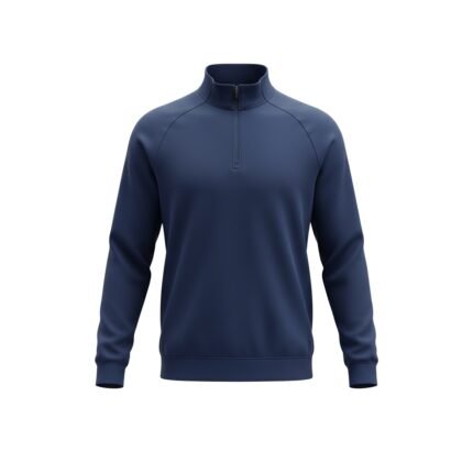 Navy blue quarter-zip pullover with stand collar and half-zip front closure.