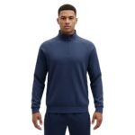 Navy quarter-zip pullover with stand collar and zip front closure, studio product photo on a white background.