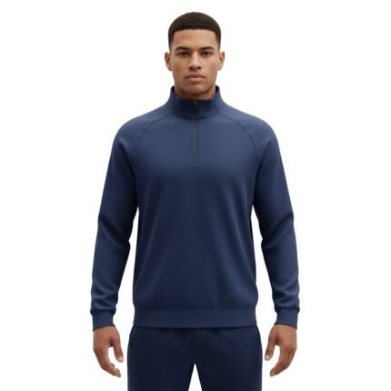 Navy quarter-zip pullover with stand collar and zip front closure, studio product photo on a white background.