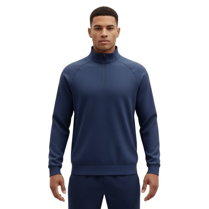 Navy quarter-zip pullover with stand collar and zip front closure, studio product photo on a white background.