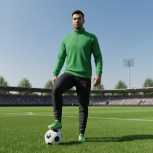 Green quarter-zip pullover with stand collar and short zip front closure, outdoor stadium action photo with a white soccer ball.