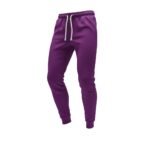 Purple soccer sweatpants with white drawstring waist and cuffs.