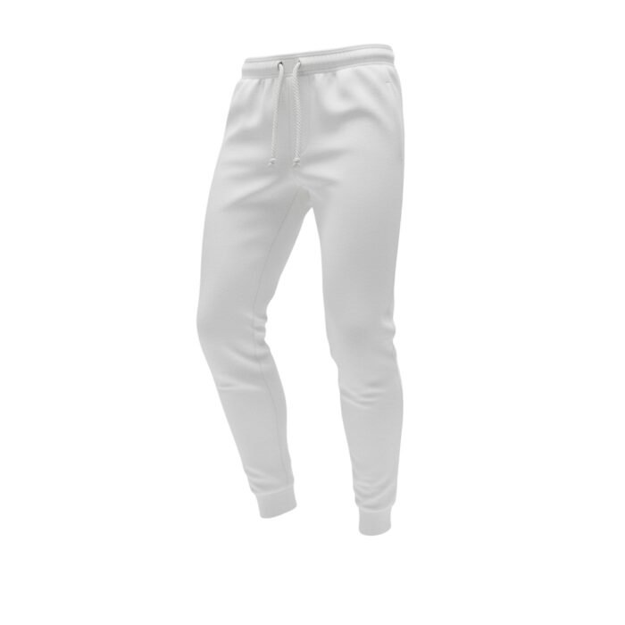White soccer training sweatpants with elastic waistband, white drawstring, and tapered ankle cuffs.