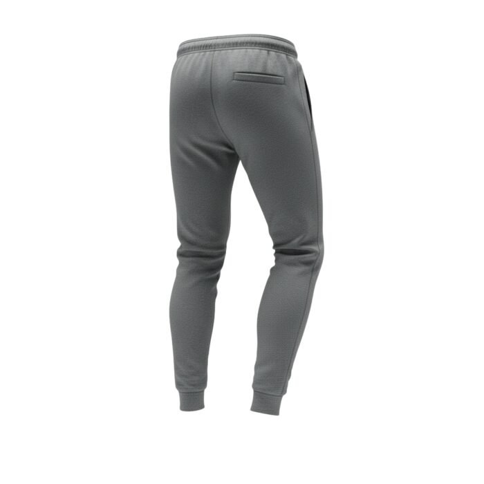 Back view of black soccer sweatpants with elastic waistband and cuffed ankles on a plain background.