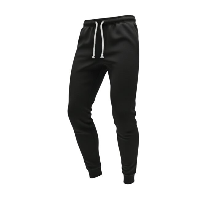 Front view of black soccer sweatpants with elastic waistband and cuffed ankles on a plain background.