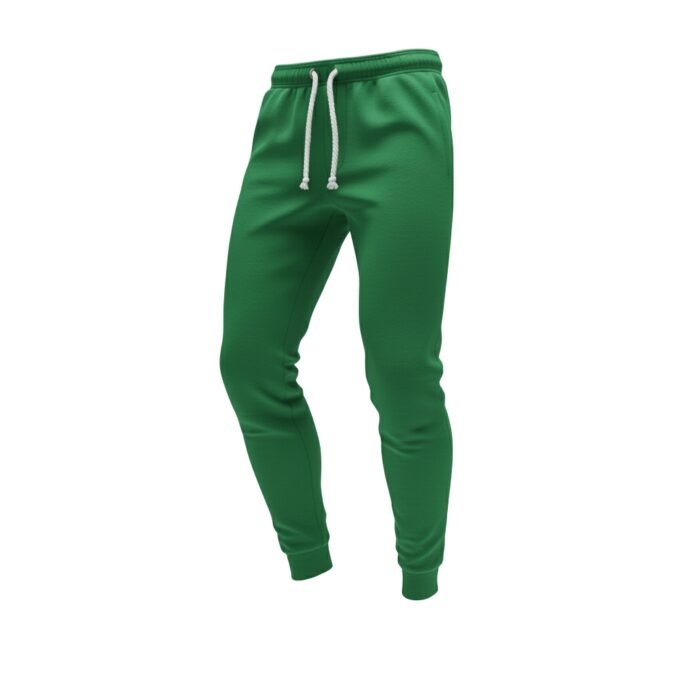 Front view of green soccer sweatpants with elastic waistband and cuffed ankles on a plain background.