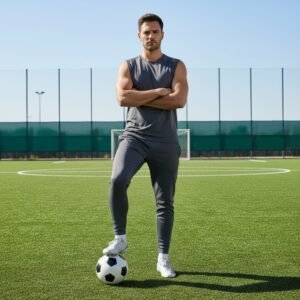 Soccer player wearing black soccer sweatpants while kicking a ball on the field.