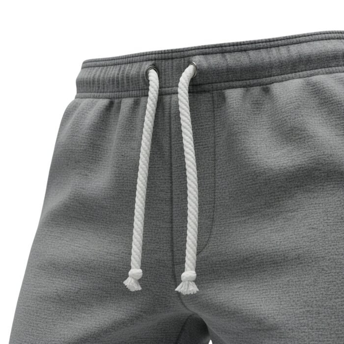 Close-up of black soccer sweatpants waistband with drawstring tied in a bow.