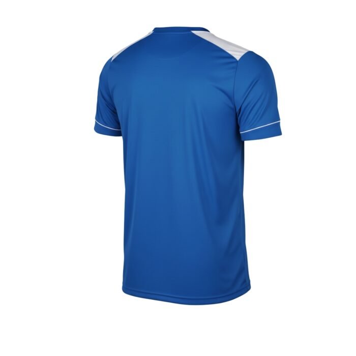 Back view of a blue soccer t-shirt with white shoulder and sleeve accents, isolated on white background.