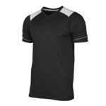 Black athletic t-shirt with clean white accents on shoulders, sleeve cuffs, and crew neckline, displayed flat on white background.