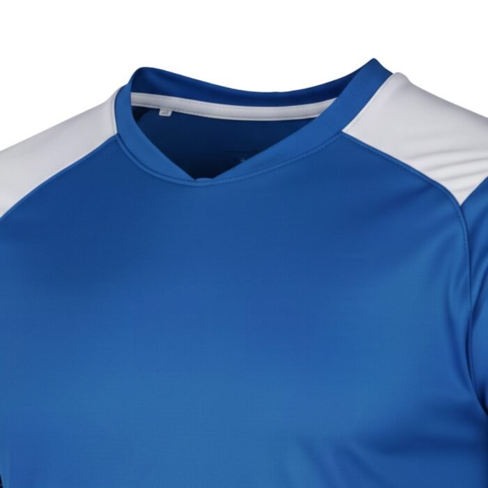 Blue athletic jersey with white shoulder panels and sleeves, featuring a clean V-neck collar and smooth, slightly reflective fabric.