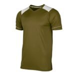 Brown short-sleeve V-neck t-shirt with white shoulder panels and subtle white trim along the sleeves, on a plain white background.