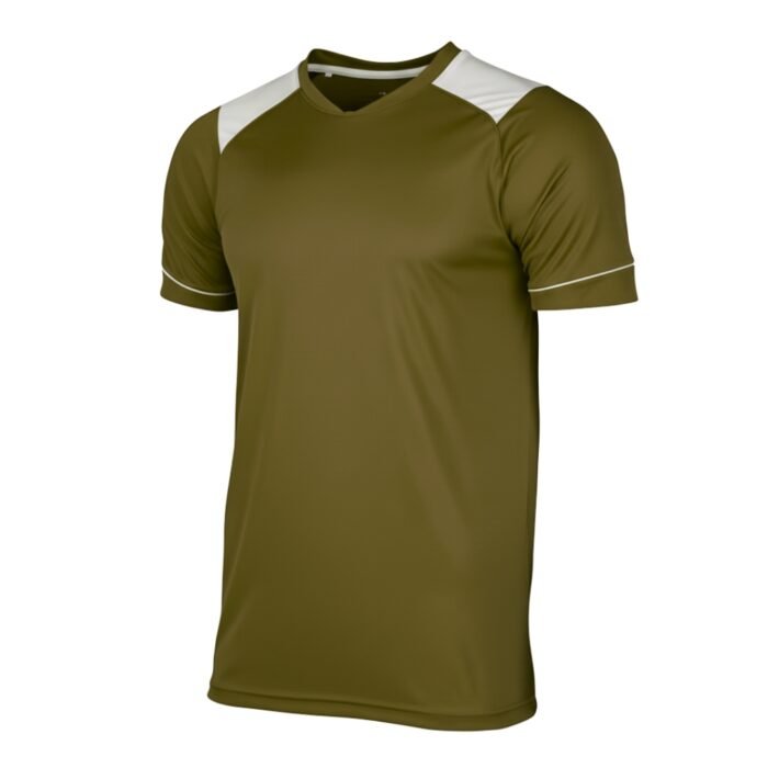 Brown short-sleeve V-neck t-shirt with white shoulder panels and subtle white trim along the sleeves, on a plain white background.