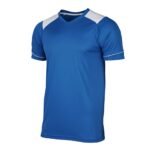 Blue V-neck short sleeve shirt with white shoulder and sleeve-edge accents, displayed front-facing on white background.