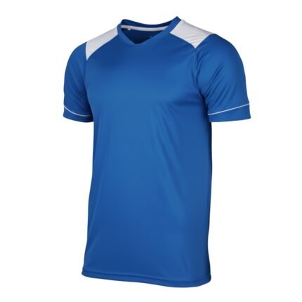 Blue V-neck short sleeve shirt with white shoulder and sleeve-edge accents, displayed front-facing on white background.