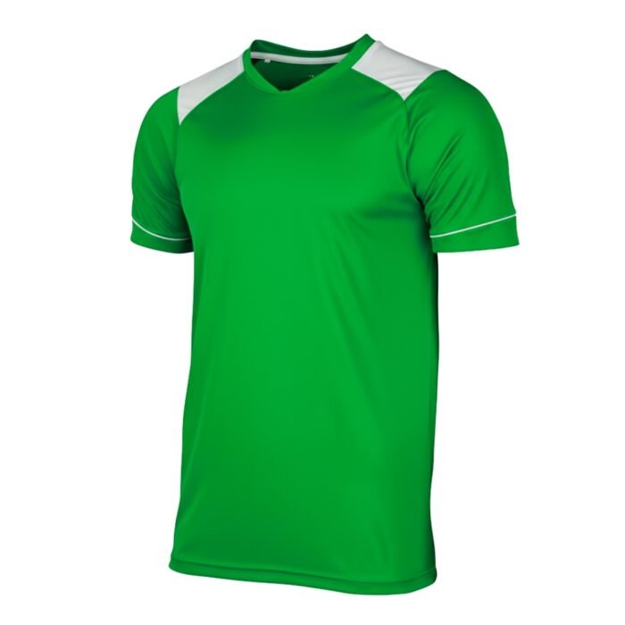 Green short-sleeve V-neck t-shirt with white shoulder panels and white stripe accents on the sleeves, on plain white background.