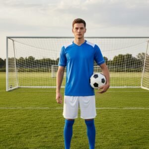 Young male athlete in blue-and-white soccer jersey, white shorts, blue socks, holding ball on green field with goal net and overcast sky