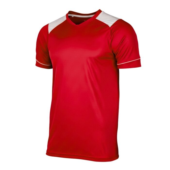 Red performance t-shirt with white shoulder panels and white sleeve trim, photographed from the side against a seamless white background.