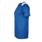 Royal blue t-shirt with white shoulder panel and white trim on short sleeves, photographed from the side against a white background.