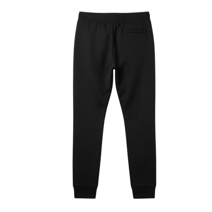 Rear view of black jogger pants featuring a clean design with a back pocket and elastic cuffs, displayed against a white background.
