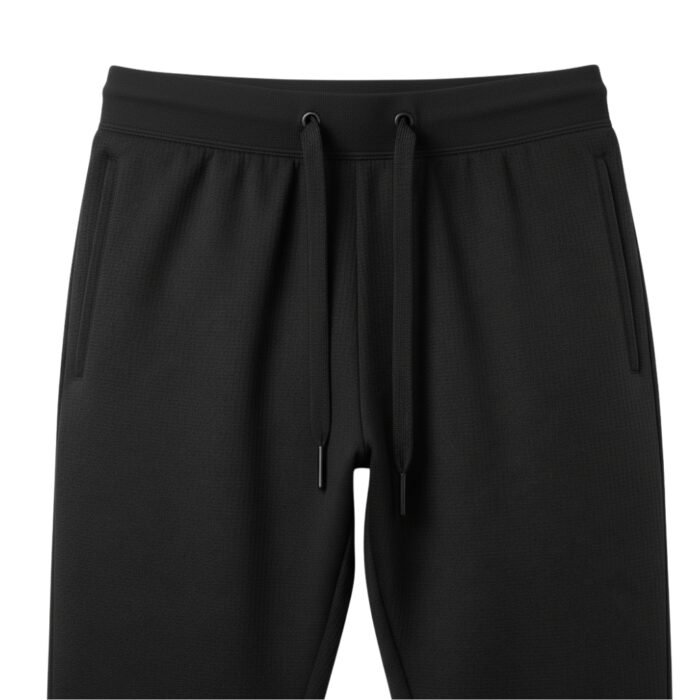 Close-up of black jogger pants featuring an elastic waistband with drawstring and side pockets, against a white background.