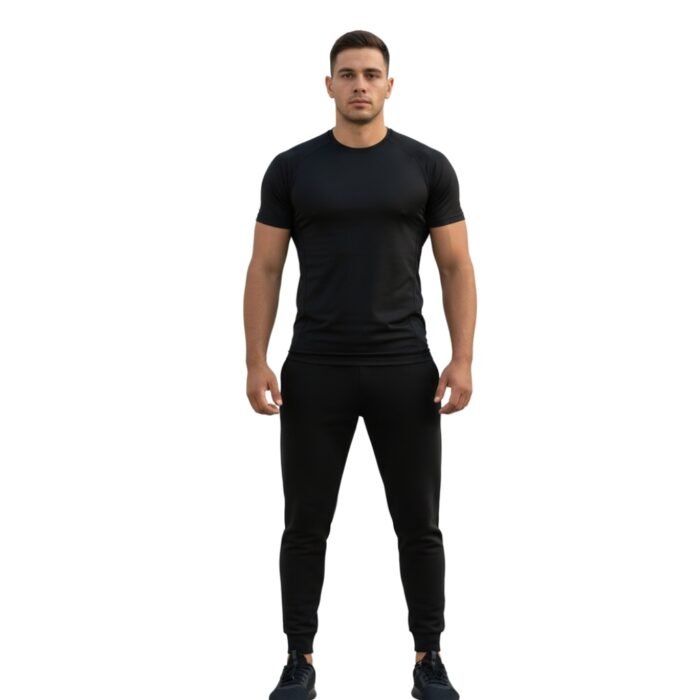 A person wearing a plain black t-shirt and black jogger pants, standing confidently against a white background. The person’s face is blurred for anonymity.