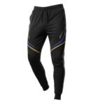 Black jogger pants with angular blue and gold accents, featuring a slim fit design, elastic waistband with drawstring, and textured knee panels, displayed against a white background.
