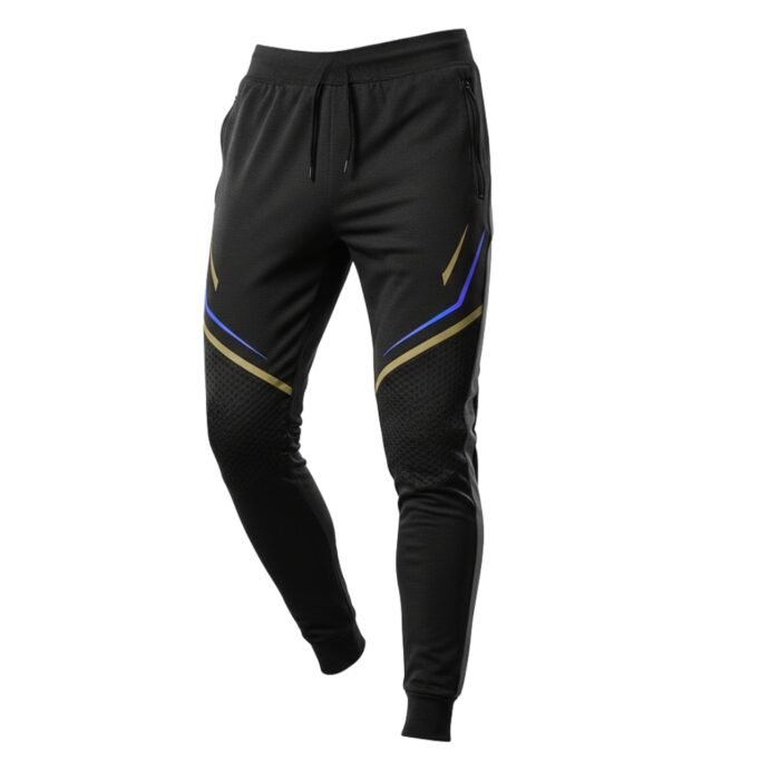 Black jogger pants with angular blue and gold accents, featuring a slim fit design, elastic waistband with drawstring, and textured knee panels, displayed against a white background.