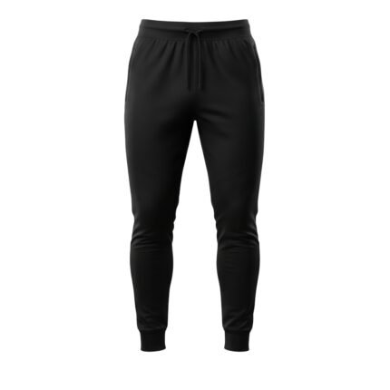 Front view of black jogger pants featuring a slim fit, elastic waistband with drawstring, and minimalist design, displayed against a white background.